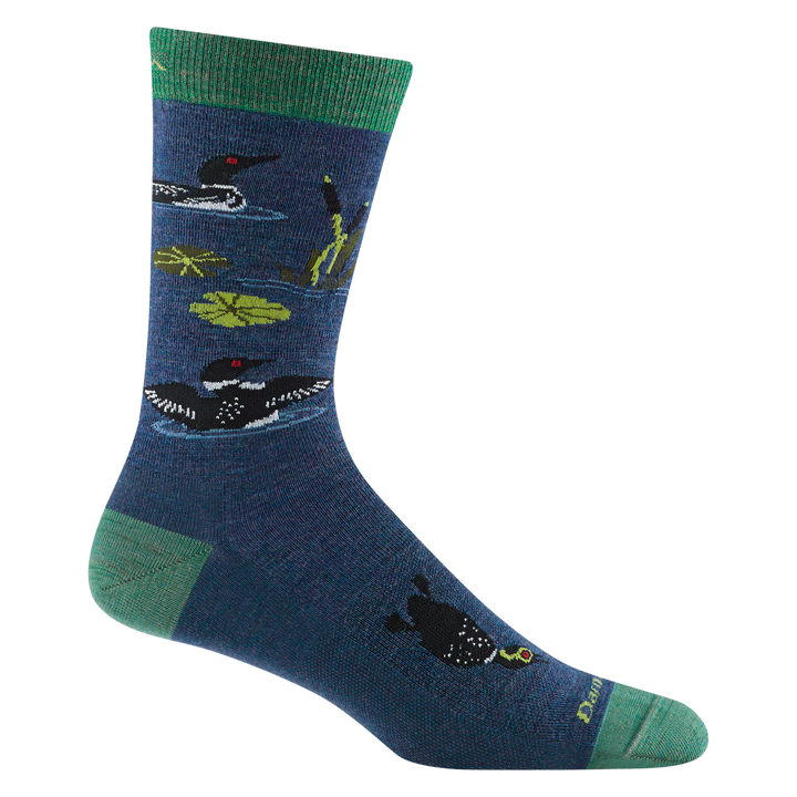 Reverse 6112 Diver crew in Denim featuring a green heel/toe/cuff with blue body and a loon design