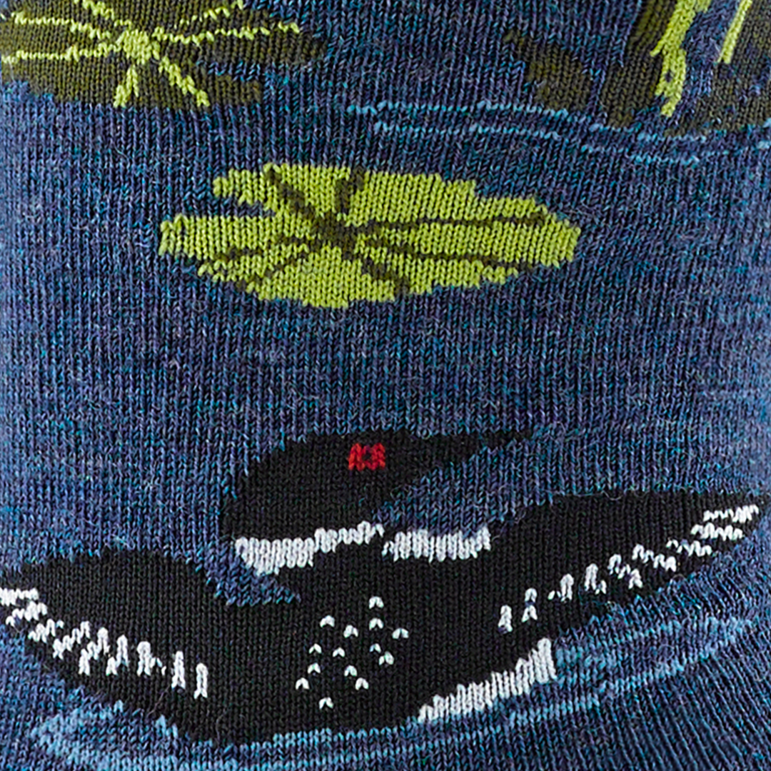 Call out detail image of the of the 6112 denim front image of loon in the water with lily pads 