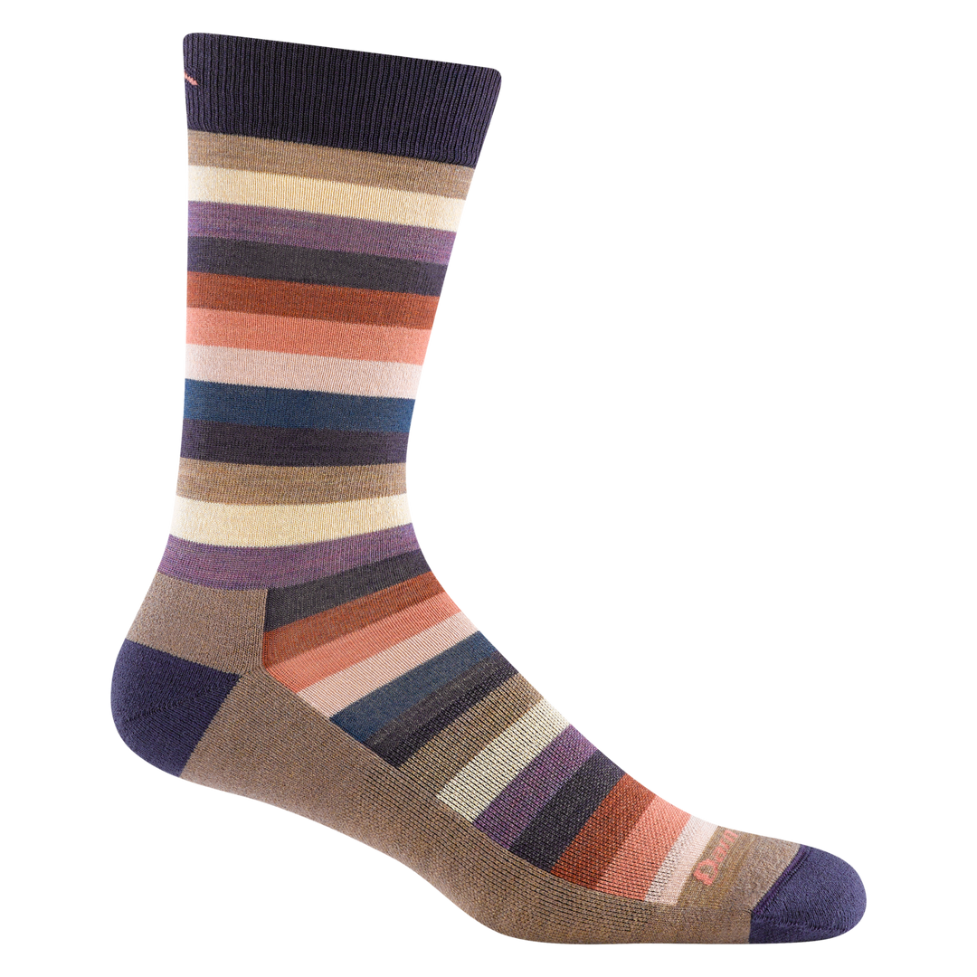 6113 Merlin Crew in Barki featuring purple Heel/Toe/cuff with tan foot and purple,tan,gray, and pink stripe body