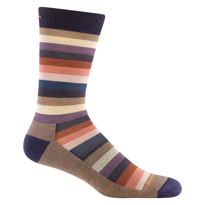 6113 Merlin Crew in Barki featuring purple Heel/Toe/cuff with tan foot and purple,tan,gray, and pink stripe body