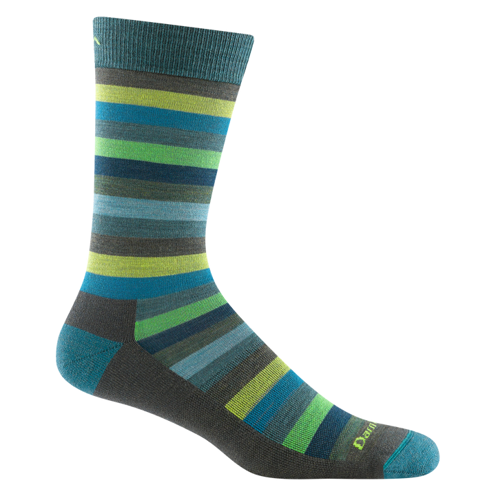 6113 Merlin Crew in forest featuring teal Heel/Toe/cuff with gray foot and green,blue,gray, and yellow stripe body 