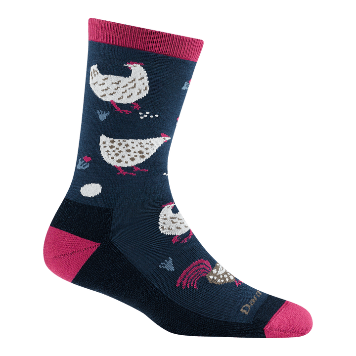 reverse image of the mother clucker lightweight lifestyle crew sock in midnight featuring dark blue body pink heel/toe white and brown chickens and eggs 