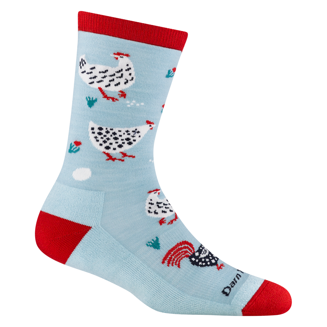 reverse 6114 mother clucker in skylight featuring red heel/toe and chickens on the foot and leg