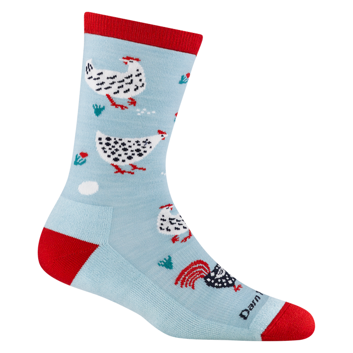 reverse 6114 mother clucker in skylight featuring red heel/toe and chickens on the foot and leg