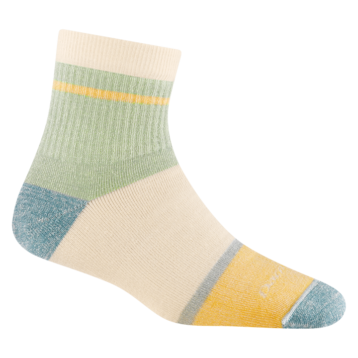 6117 Home base in pear featuring and blue heather heel/toe yellow body and green ankle