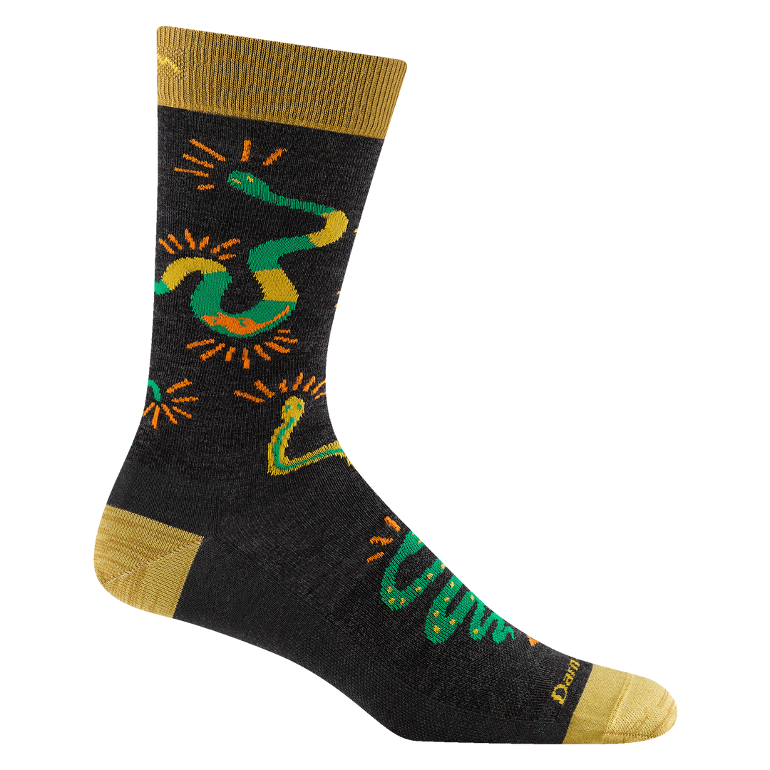 6119 Men's field guide crew lightweight lifestyle sock featuring black body yellow heel/toe with snakes over the body 