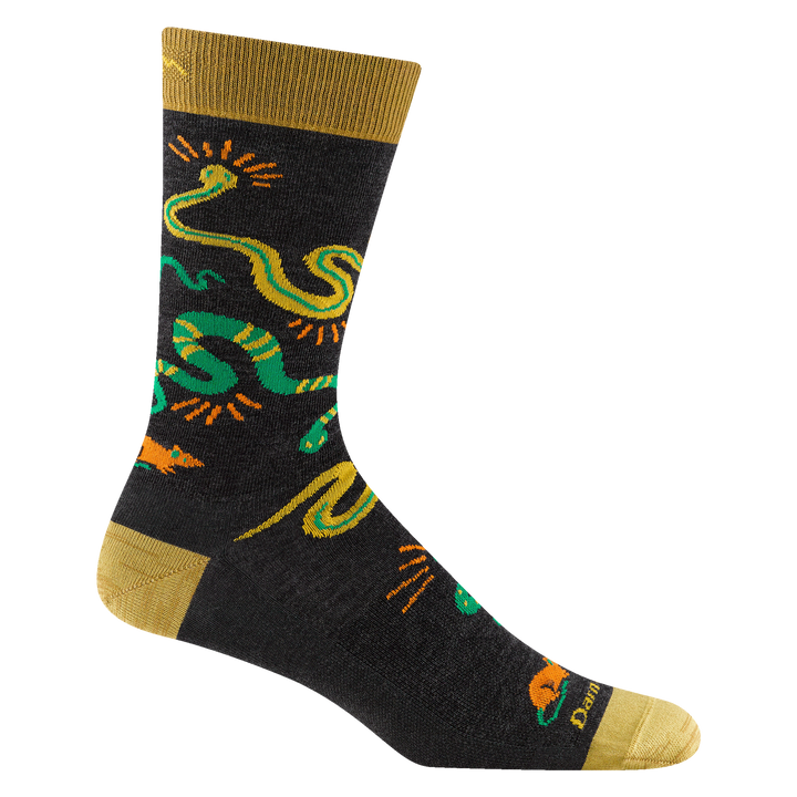 Reverse 6119 Men's field guide crew lightweight lifestyle sock featuring black body yellow heel/toe with snakes over the body