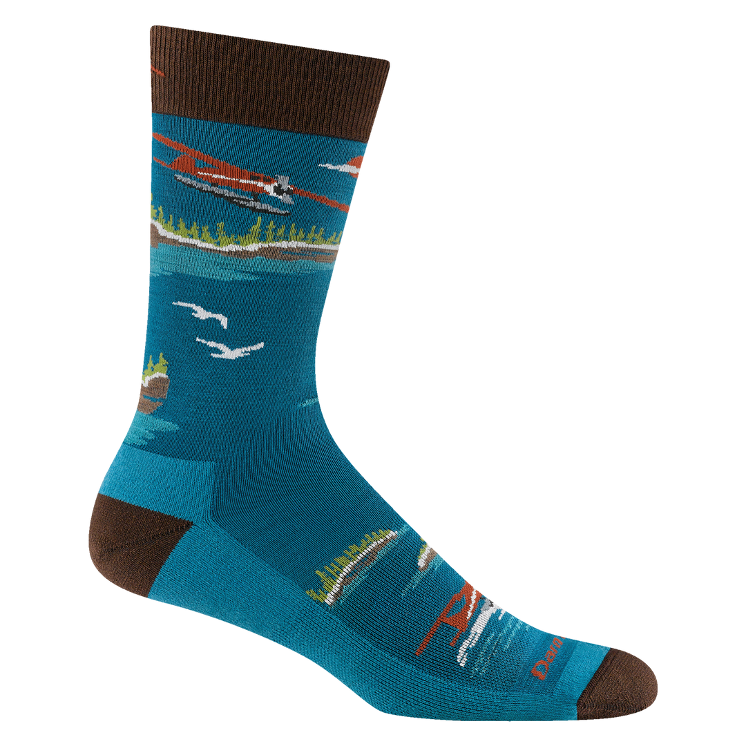 6120 men's float boat crew lightweight lifestyle sock in cascade featuring seaplanes design, blue body and brown heel/toe/cuff