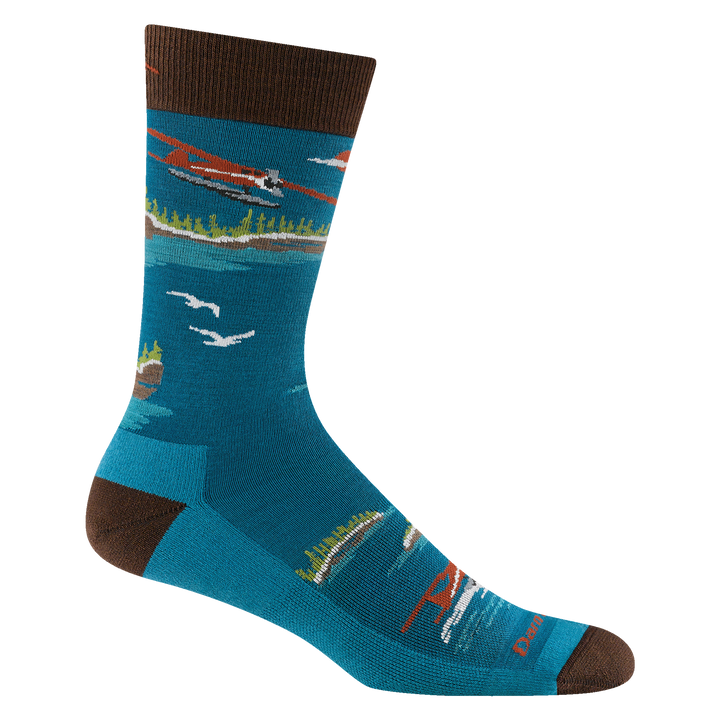 6120 men's float boat crew lightweight lifestyle sock in cascade featuring seaplanes design, blue body and brown heel/toe/cuff