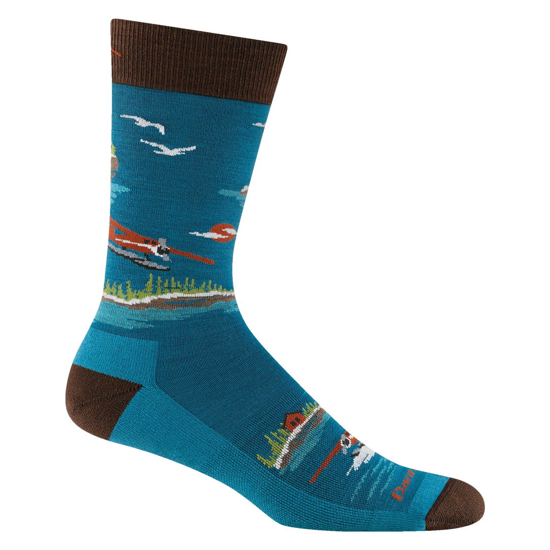 Reverse 6120 men's float boat crew lightweight lifestyle sock in cascade featuring seaplanes design, blue body and brown heel/toe/cuff