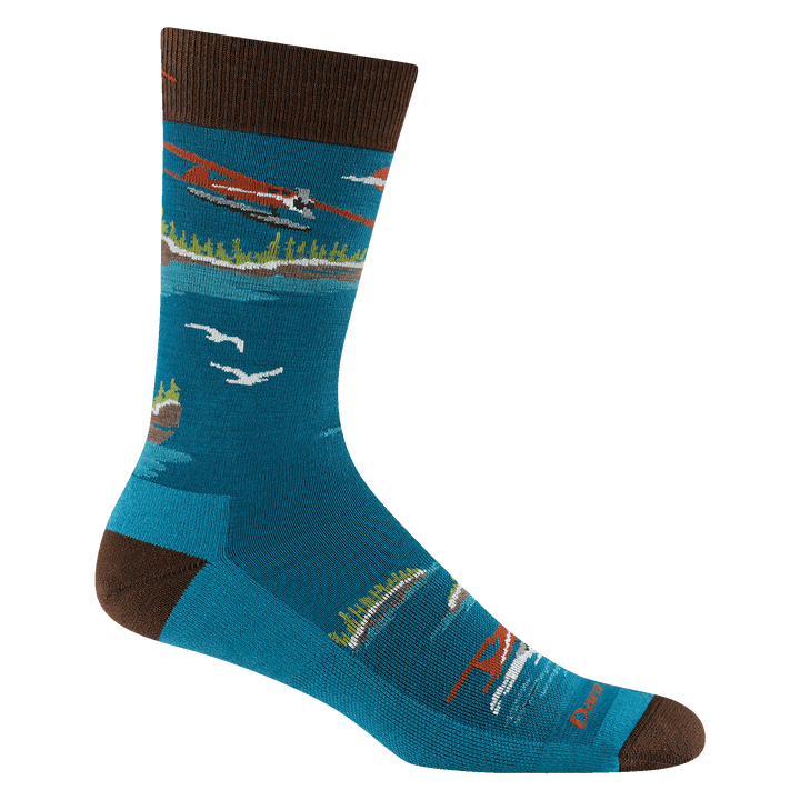 6120 men's float boat crew lightweight lifestyle sock in cascade featuring seaplanes design, blue body and brown heel/toe/cuff