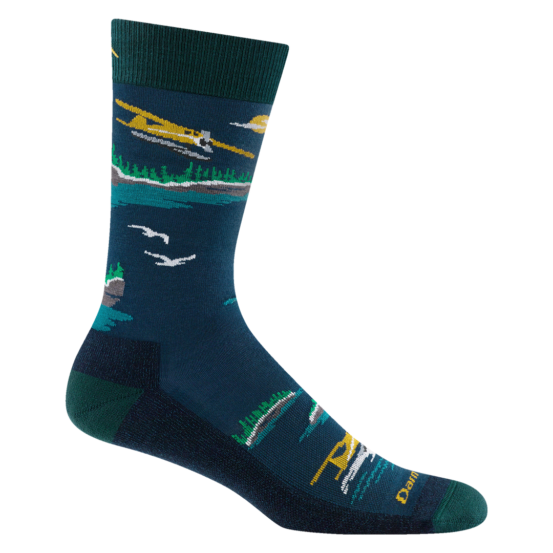 6120 men's float boat crew lightweight lifestyle sock in midnight featuring seaplanes design, navy body and green heel/toe/cuff