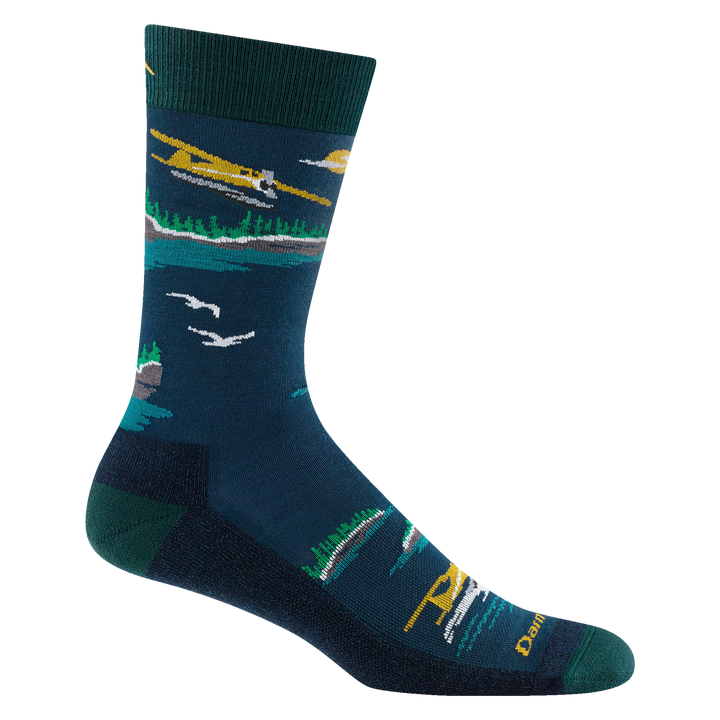 6120 men's float boat crew lightweight lifestyle sock in midnight featuring seaplanes design, navy body and green heel/toe/cuff