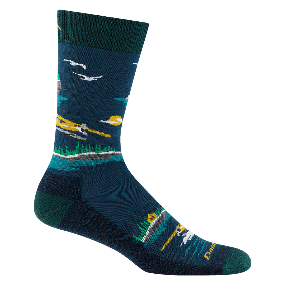 Reverse 6120 men's float boat crew lightweight lifestyle sock in midnight featuring seaplanes design, navy body and green heel/toe/cuff