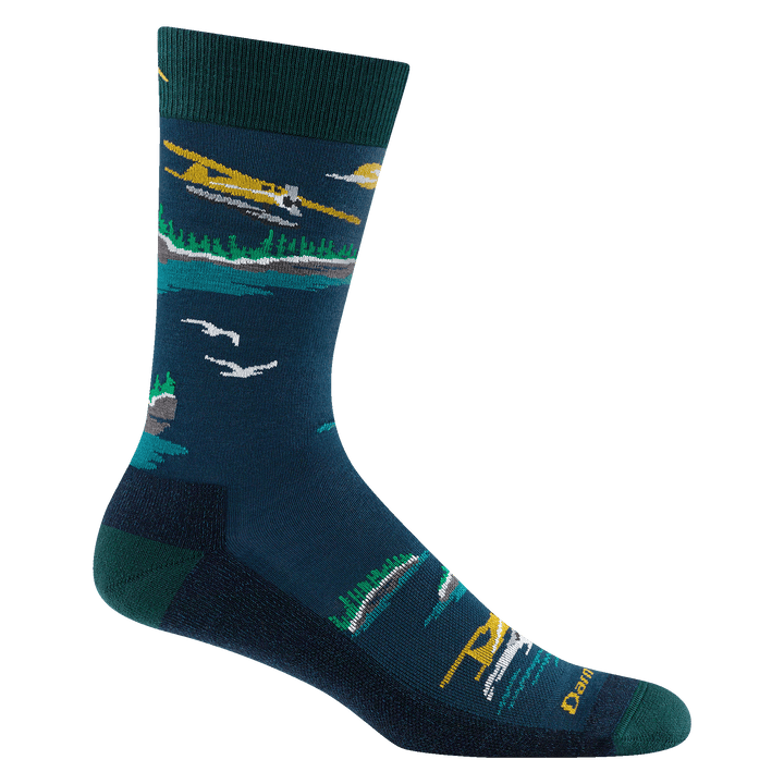 6120 men's float boat crew lightweight lifestyle sock in midnight featuring seaplanes design, navy body and green heel/toe/cuff