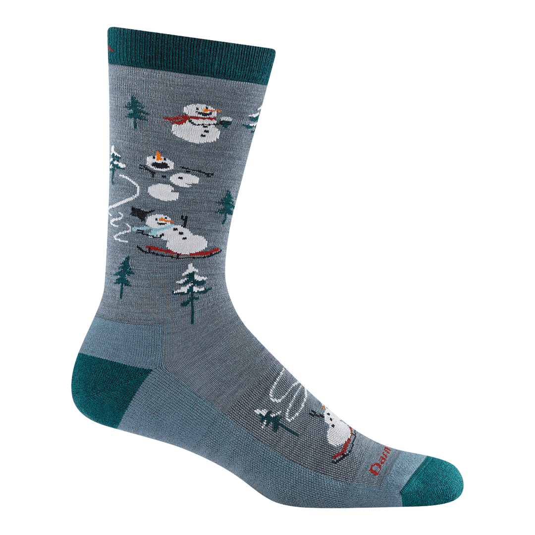 6124 Men's Sled head crew sock in frosty colorway featuring snowman sking and sledding 