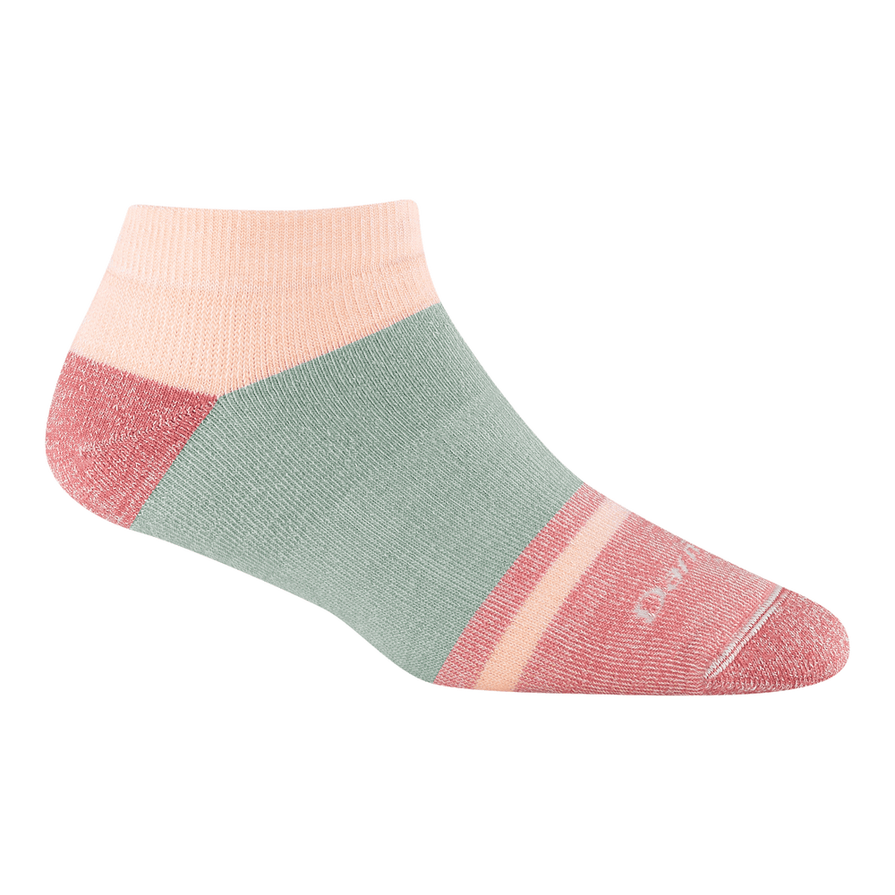 6127 No show heavyweight lifestyle sock in Honey dew featuring a coral toe/heel and green band around the arch and light pink cuff