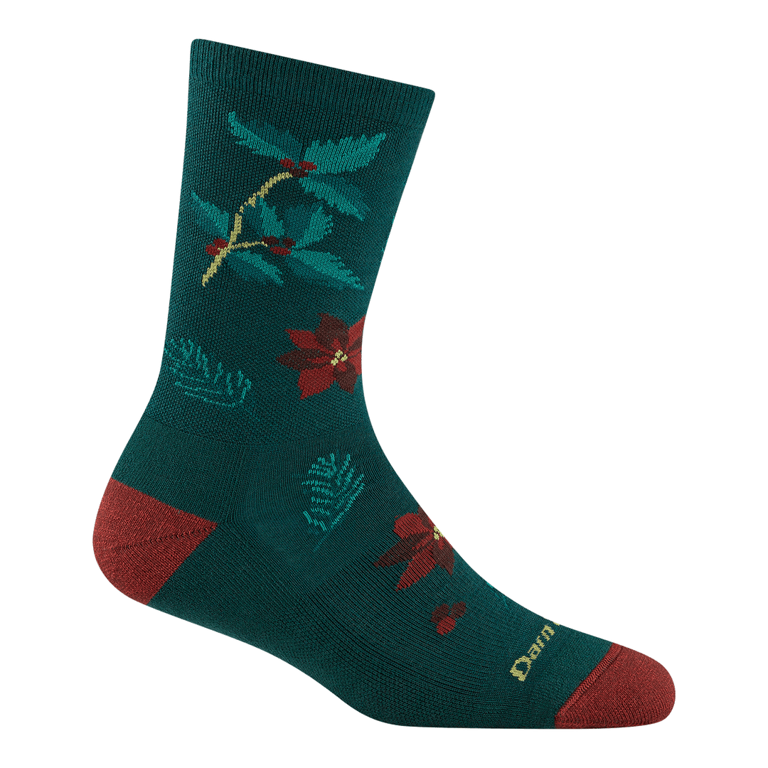 6130 Women's mistle toe crew sock in pine colorway featuring red heel/toe green body with poinsettia and pine branches