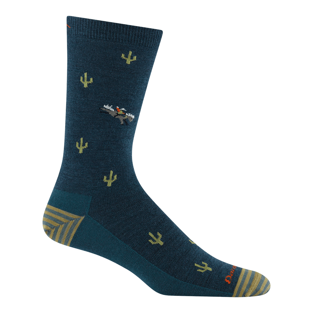 6132 wool'd wool'd west crew sock in dark teal featuring a striped heel/toe with dark teal body and cactus all over