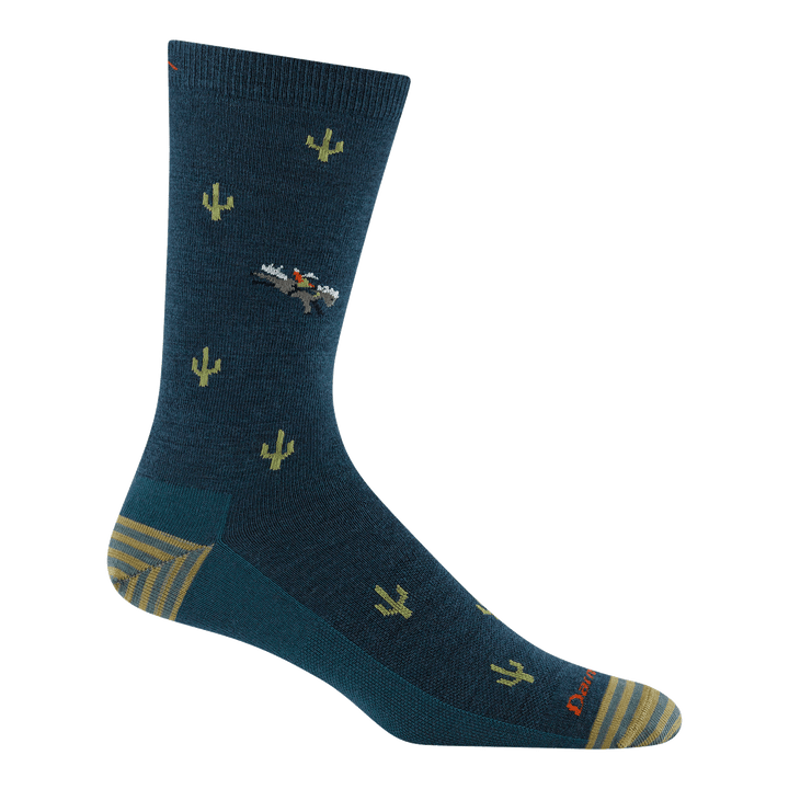 6132 wool'd wool'd west crew sock in dark teal featuring a striped heel/toe with dark teal body and cactus all over