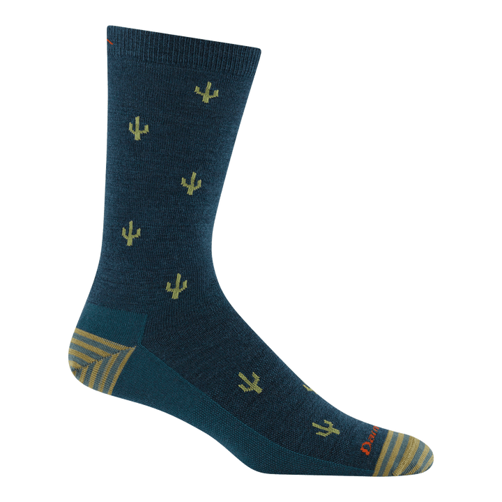 reverse 6132 wool'd wool'd west crew sock in dark teal featuring a striped heel/toe with dark teal body and cactus all over