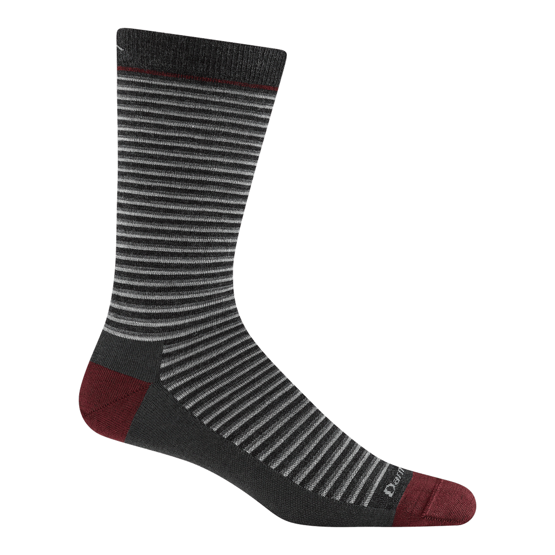 6134 Mens Microstripe lightweight crew sock in charcoal featuring mini stipes of black gray white and red heel/toe 