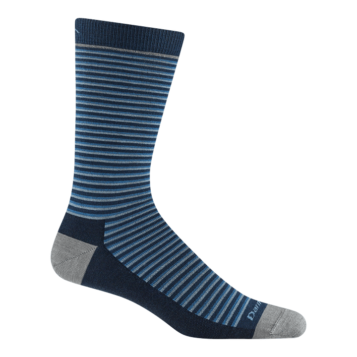 6134 Mens Microstripe lightweight crew sock in eclipse featuring mini stipes of lt blue, navy and gray and gray heel/toe