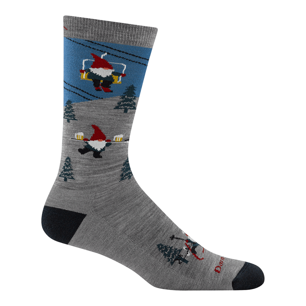 side profile of mens 6136 Gnome Patrol Crew Lightweight with Cushion with gnome holding beer and gnome on chairlift overhead
