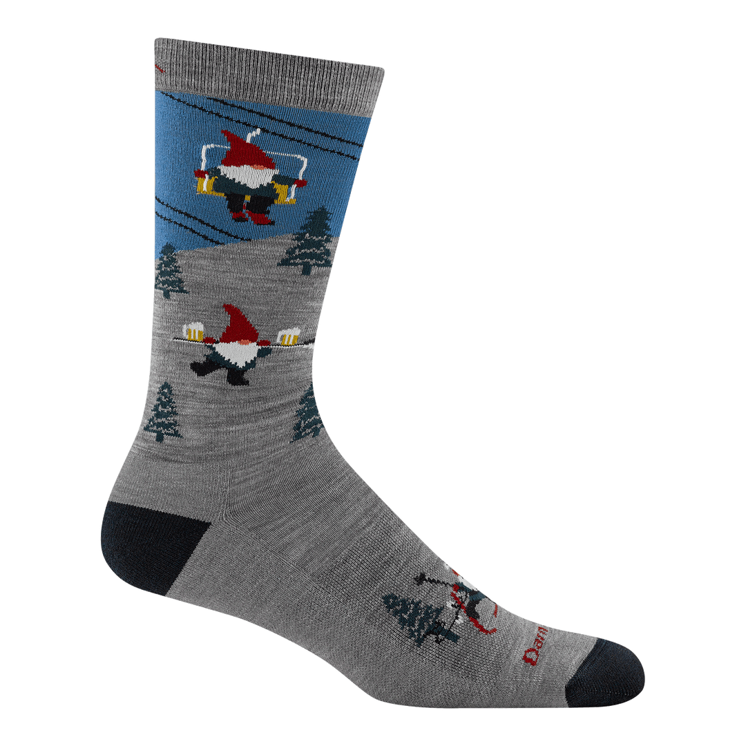 side profile of mens 6136 Gnome Patrol Crew Lightweight with Cushion with gnome holding beer and gnome on chairlift overhead