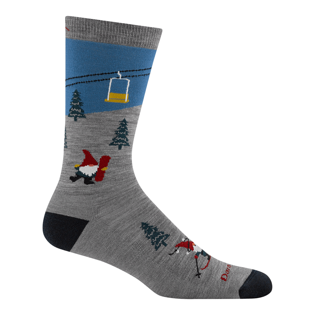 reverse side profile of mens 6136 Gnome Patrol Crew Lightweight with Cushion with gnomes holding snowboards and chairlift overhead with trees