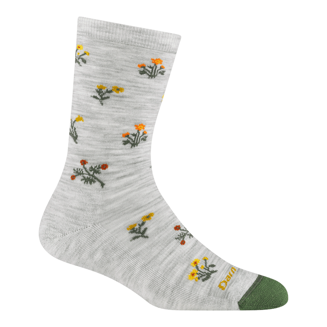 6139 Wildflower Crew Lightweight with Cushion in ash featuring a light gray body with green toe and small flowers all over