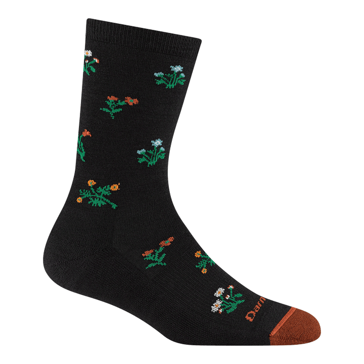 6139 Wildflower Crew Lightweight with Cushion in Black featuring a black body with red toe and small flowers all over