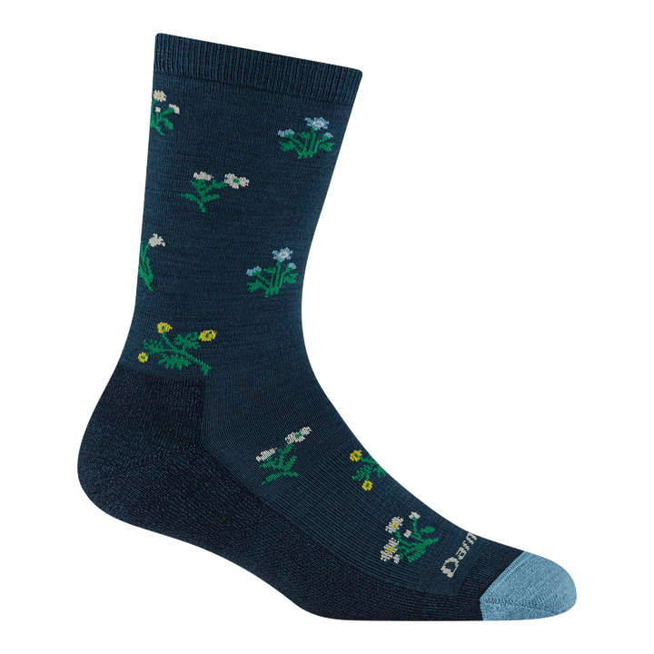 6139 Wildflower Crew Lightweight with Cushion in Midnight featuring a navy body with blue toe and small flowers all over