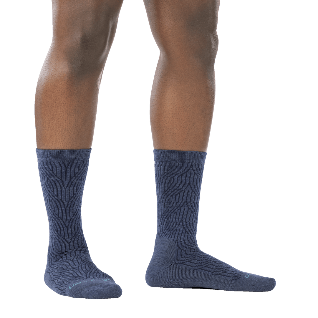 on model image of woman barefoot wearing 6140 denim cable crew lightweight sock with cushion