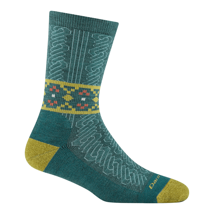 6141 Nordic Twist Crew Lightweight with Cushion in teal featuring teal body yellow heel/toe and drop stitch cable design and argyle band