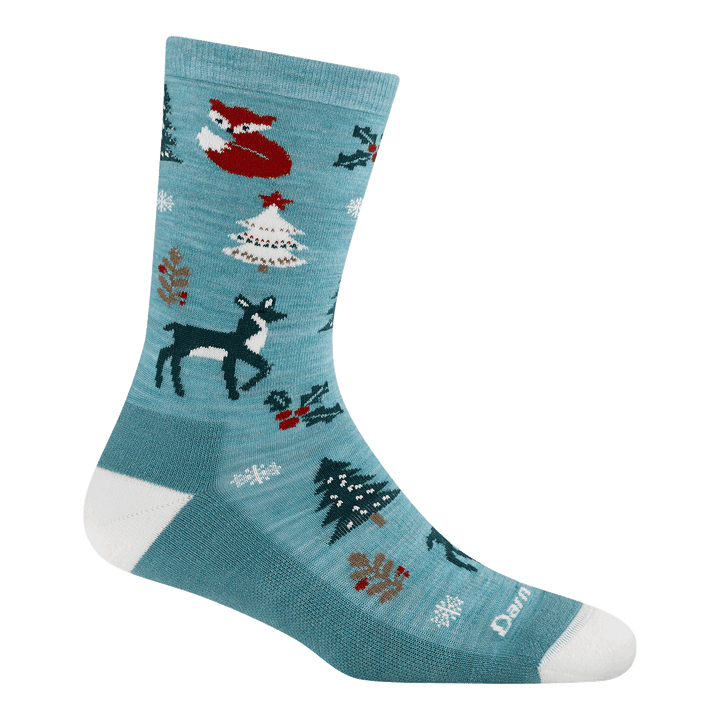 side profile of womens 6142 Yuletide Wild Crew Lightweight with Cushion in aqua with white toe & heel, & deer, fox, and holiday trees