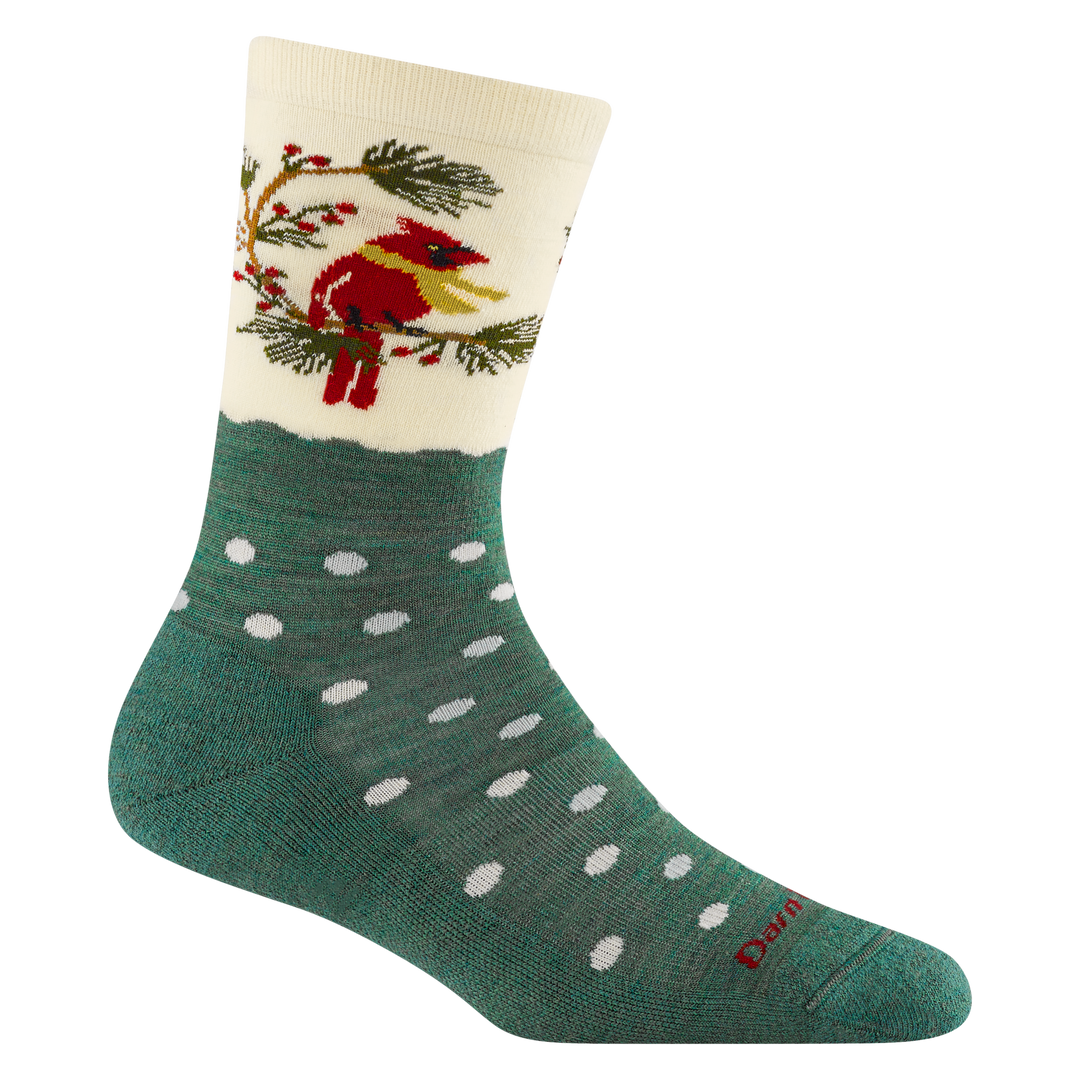 6209 Wild Life crew in evergreen, green foot with white dots and the ankle has a cardinal on and evergreen branch.