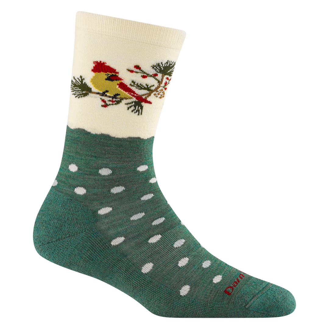 Reverse 6209 evergreen greenfoot with white dots, featured on the ankle is a female cardinal on evergreen branch.
