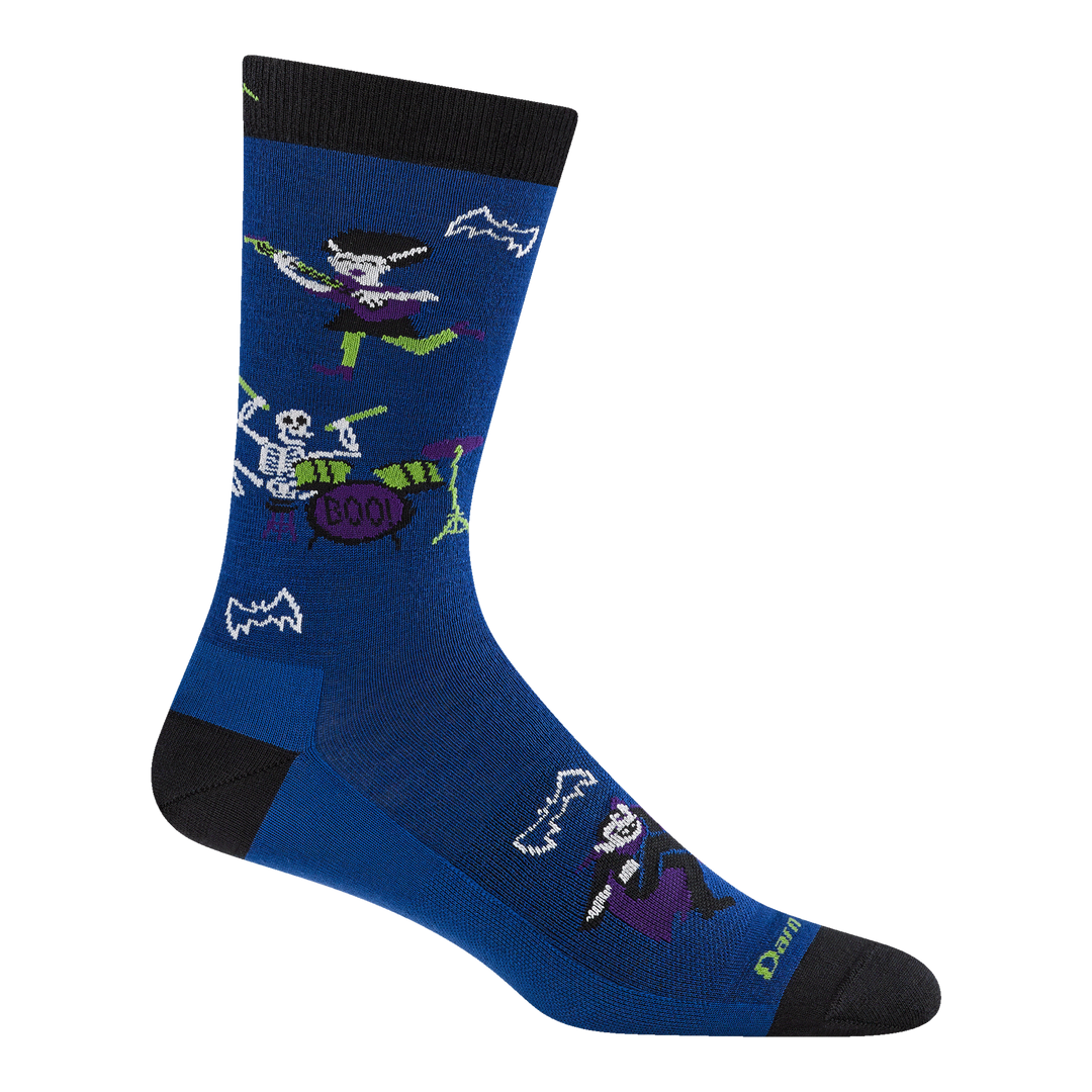 Reverse 6213 graveyard smash halloween sock with skeleton playing the drums in boogie blue