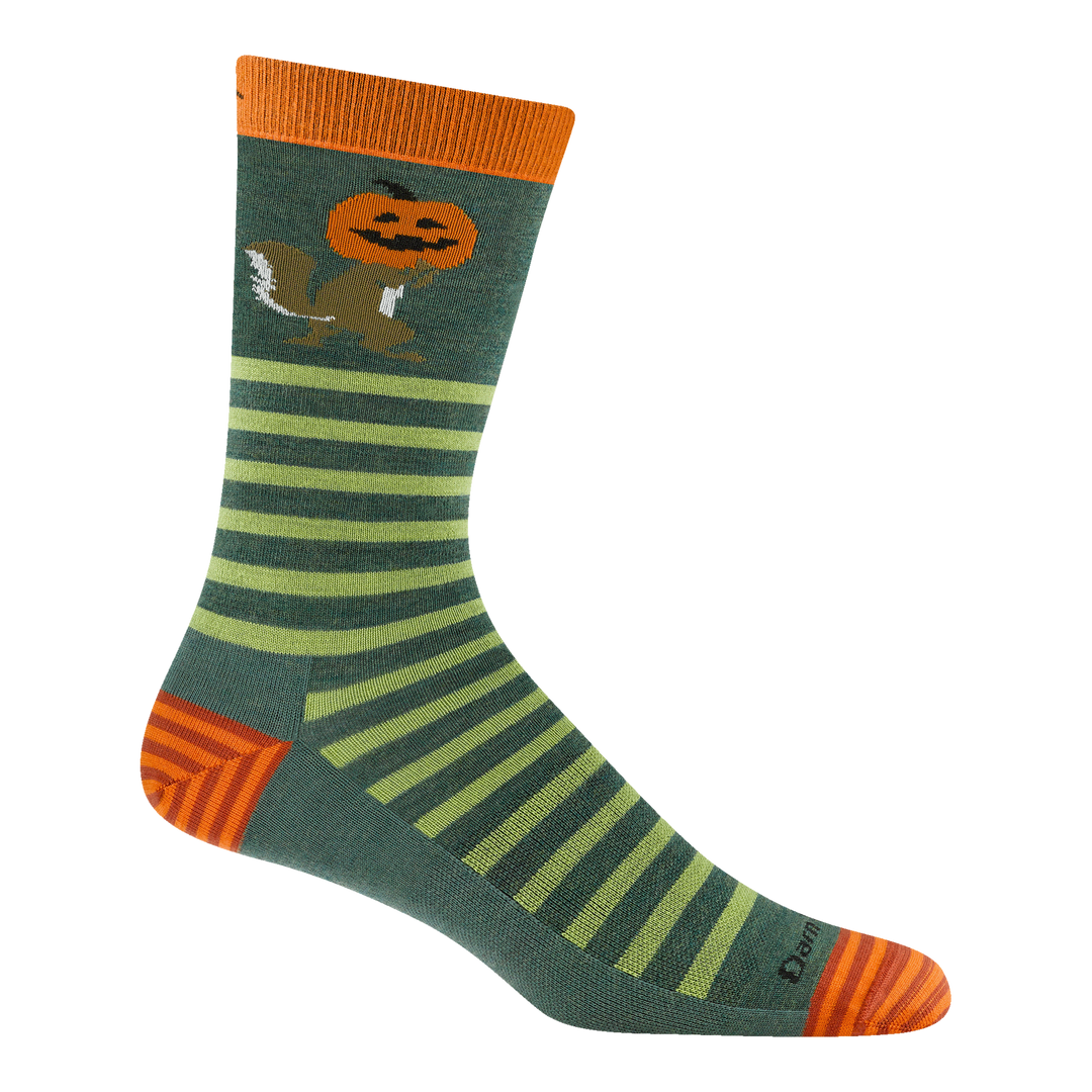 6214 Squeaky hollow based on the animal haus sock with green stripes and orange heel and toe with squirrel with pumpkin on his head