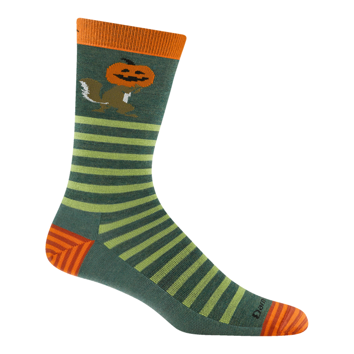 6214 Squeaky hollow based on the animal haus sock with green stripes and orange heel and toe with squirrel with pumpkin on his head