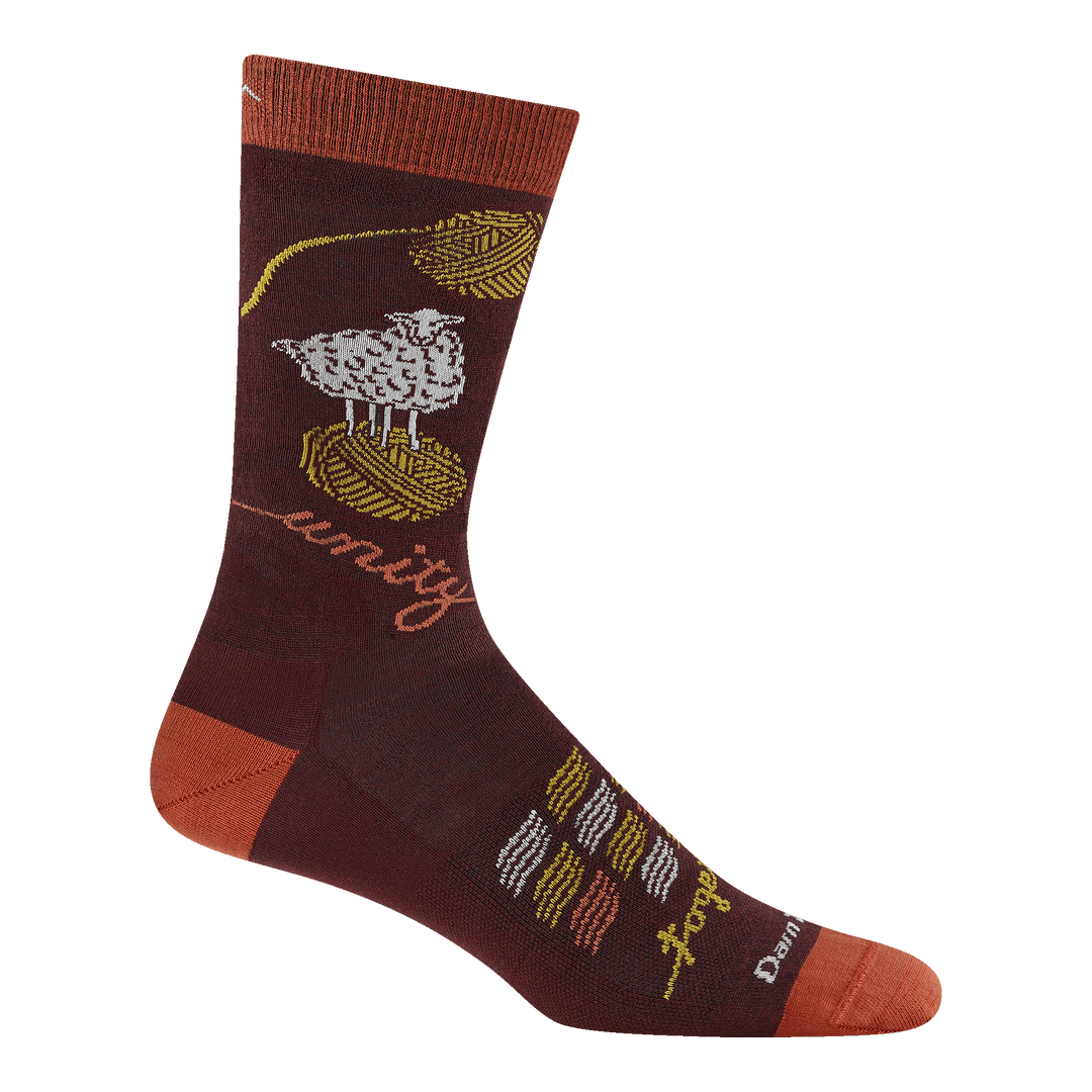 6218 ewe-knitty sock in burgundy with burnt orange heel/toe sheep standing on ball of yarn on the ankle