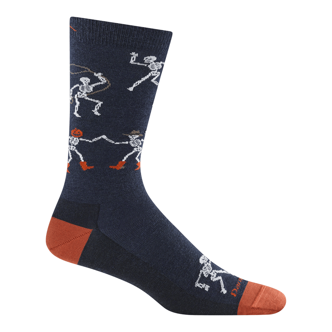 6222 Bone Ranger Crew in Midnight featuring a dark blue body and orange heel and toe with cowboy skeleton all over