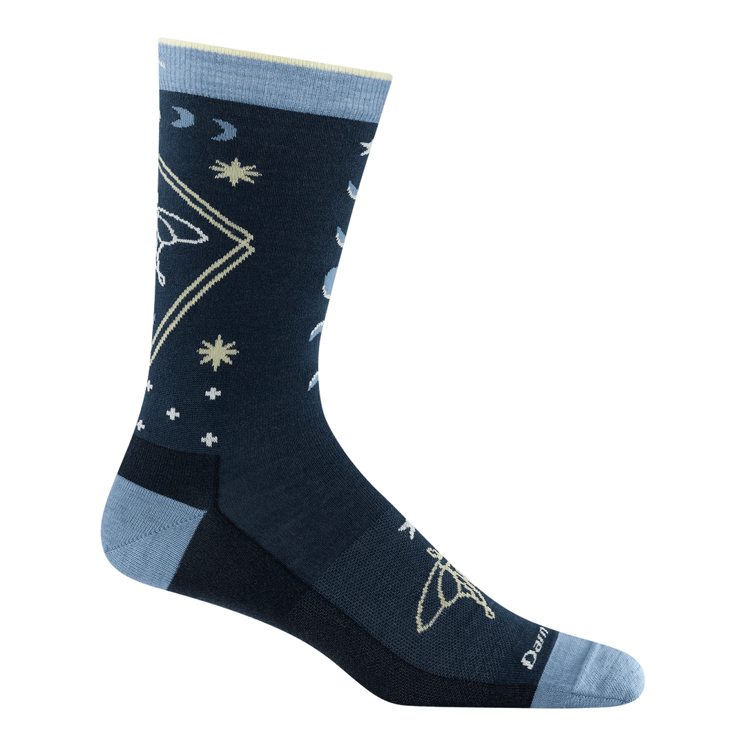 6223 Luna Eclipse Crew sock featuring a light blue heel/toe dark blue body with a stars/moons/ and luna moth design