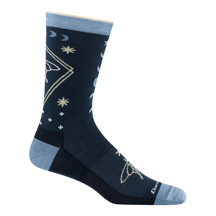 6223 Luna Eclipse Crew sock featuring a light blue heel/toe dark blue body with a stars/moons/ and luna moth design