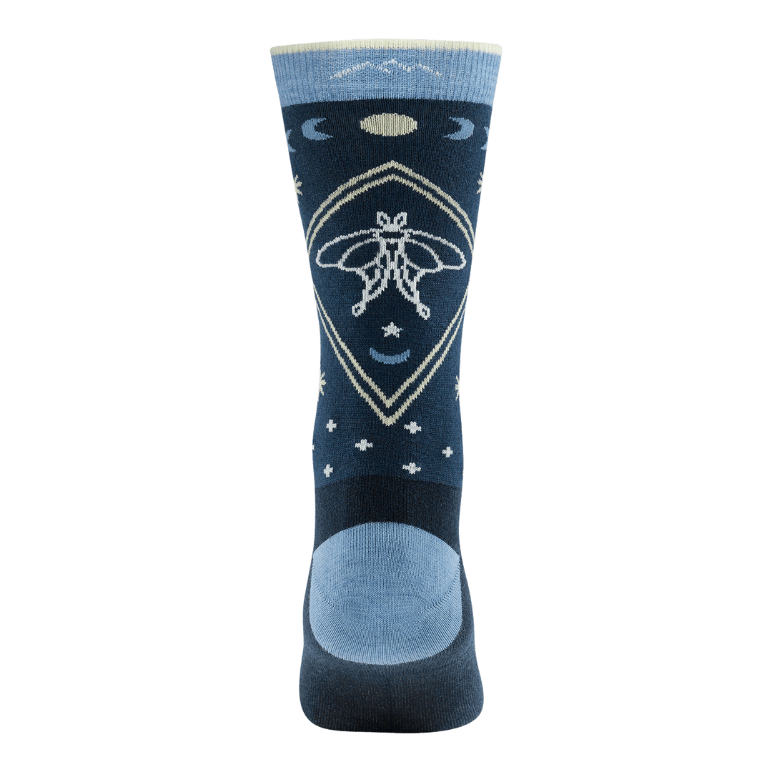 Rear facing image of back of sock focusing on the luna moth and stars around it 