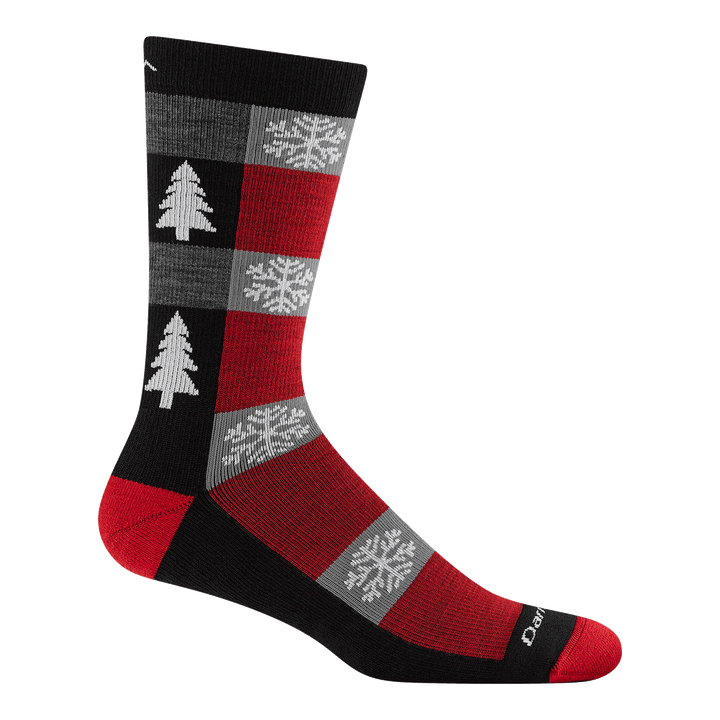 side profile of unisex 6235 Festive Flannel Crew Lightweight with Cushion in coal with flannel design and red heel and toe