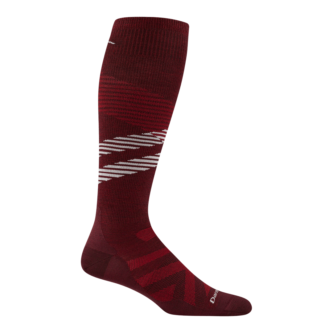 8002 men's pennant RFL over-the-calf ski sock in burgundy with black chevron forefoot and white and red stripes across calf
