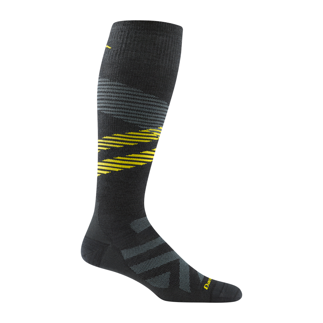 8002 men's pennant RFL over-the-calf ski sock in carbon with light gray chevron forefoot and yellow stripes across calf
