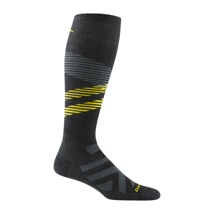 8002 men's pennant RFL over-the-calf ski sock in carbon with light gray chevron forefoot and yellow stripes across calf